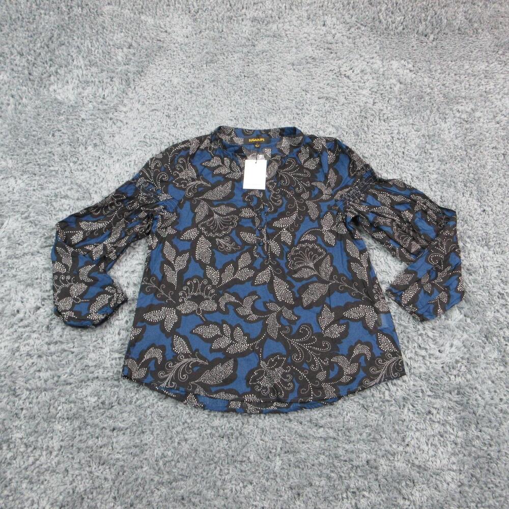 Sugarlips Blouse Shirt Womens Small Blue Floral V Neck Long Sleeve Cotton NWT